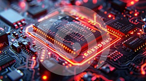 Close-up of a glowing red processor with the word \'cooldown\' inscribed on the circuit board photo