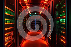 close-up of glowing server racks in a dark data center