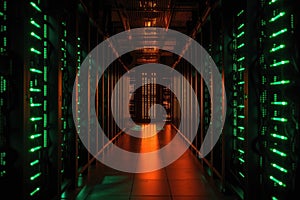 close-up of glowing server racks in a dark data center