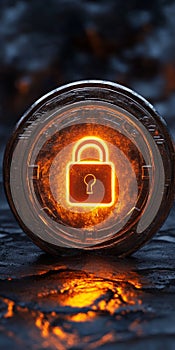 Close Up of a Glowingly Illuminated Lock Icon on a Metallic Circular Base with Abstract Background photo