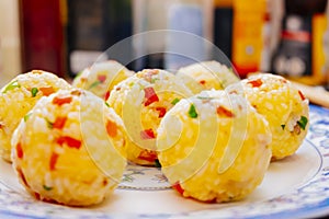 A close-up of glutinous rice balls, a Chinese delicacy.