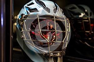 close-up of goalie mask with locker room lights reflected on it