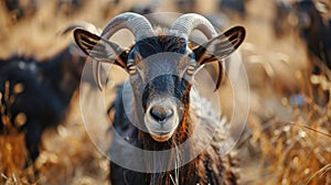 A close up of a goat with large horns in the grass, AI