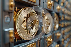 A close up of a gold Bitcoin coin in a safe deposit box