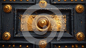 A close up of a gold and black door with brass knobs, AI