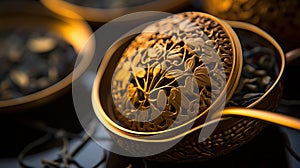 A close up of a gold bowl with some tea leaves in it, AI