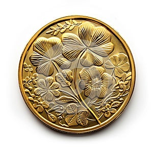 Close-up of a gold coin with a shamrock