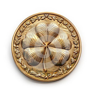 Close-up of a gold coin with a shamrock