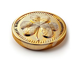 Close-up of a gold coin with a shamrock, top view