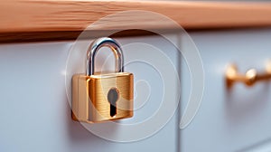 Close-up of a gold lock attached to a kitchen cabinet handle with a keyhole photo
