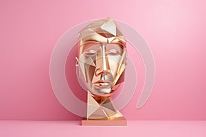 Close up of gold metallic face sculpture on pink background, created using generative ai technology