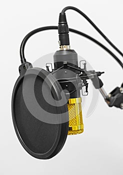 Close up of gold professional condenser microphone with pop filter on a white background