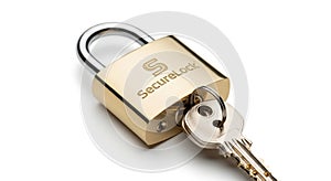 Close-up of a gold SecureLock padlock with a key on a white background
