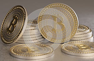 Close up of gold and silver bitcoin crypto currency money scattered on metal floor