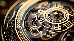 A close up of a gold watch with intricate designs, AI