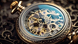 A close up of a gold watch with roman numerals on it, AI