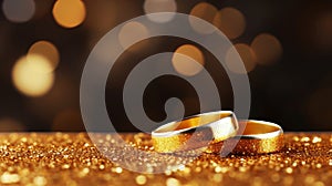 Close-up of gold wedding rings on sparkling background with ample space for personalized text
