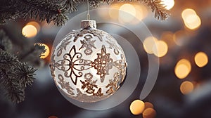 a close-up of a gold and white Christmas tree ornament, with a blurred background of warm, sparkling lights