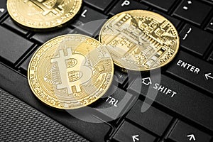Close up golden bitcoin coin crypto Currency background concept.