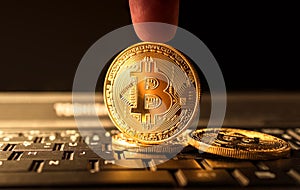 Close up golden bitcoin coin crypto Currency background concept.