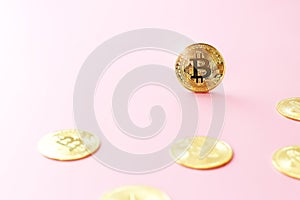 Close up golden bitcoin coin on pink background. Cryptocurrency symbol. The shiny bitcoin gold coin stands out among other coins