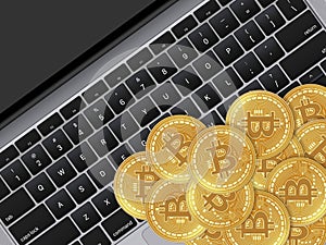 Close up of Golden Bitcoin on laptop background. Symbol of digital money coin. Virtual cryptocurrency, future business concept