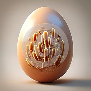 Close-up of a golden egg with detailed bacteria, representing kitchen hygiene importance. Salmonella Enteritidis. Virus, bacteria