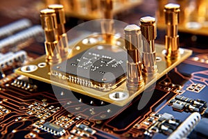 close-up of golden electrical connections on semiconductor