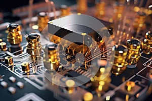 close-up of golden electrical connections on semiconductor