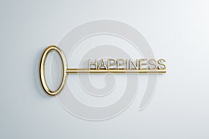 Close up of golden key to happiness on white background. Creative concept.