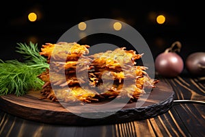 close-up of golden latkes against a dark wooden backdrop