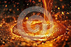 Close-up of Golden Liquid Splash with Sparkles, Abstract Molten Gold Pouring Background, High-speed Photography