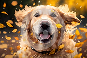 close-up of a golden retriever\'s face as it jumps through a bed of falling autumn leaves (AI Generated)