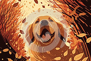 close-up of a golden retriever\'s face as it jumps through a bed of falling autumn leaves (AI Generated)