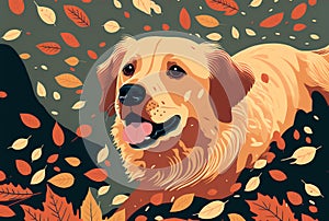 close-up of a golden retriever\'s face as it jumps through a bed of falling autumn leaves (AI Generated)