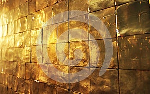 Close-up of golden-tinted tiles with a reflective sheen, the texture evokes a sense of luxury and opulence. Light plays