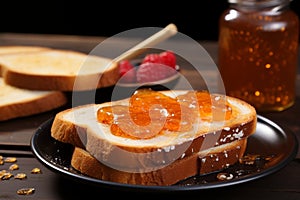 Close up golden toast adorned with luscious homemade jam a delightful morning indulgence