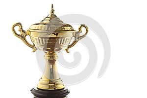 Close up of golden trophy isolated on white background. Winning awards with copy space.