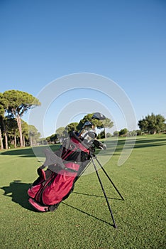 Close up golf bag on course