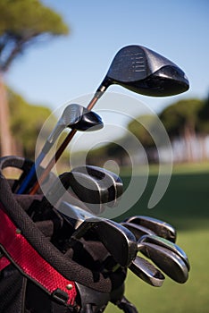 Close up golf bag on course