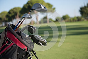 Close up golf bag on course