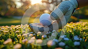 Close-up of a golf ball being placed on a lush green course.