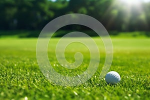 Close up golf ball blurred green grass hobby lawn leisure nature play recreation tee sport white field activity club