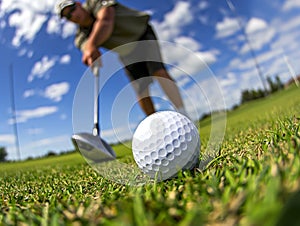 Close-up Golf Ball with Player Preparing to Swing