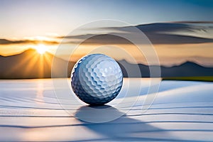 A close-up of a golf ball resting on the tee, ready to be struck by the club, with dewdrops glistening in the morning sun