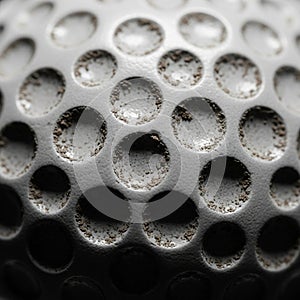 Close-up of a golf ball surface with textured dimples partially filled with dirt. The dimp