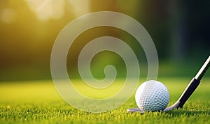 Close-up golf ball on tee with fairway golf course background. copy space golf club on grass field