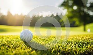 Close-up golf ball on tee with fairway golf course background. copy space golf club on grass field