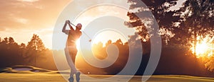 Close-up golf ball on tee with fairway golf course background. copy space golf club on grass field