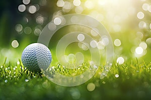 Close-up Golf Ball on Tee with Serene Green Bokeh Background, Perfect Shot on the Golf Course